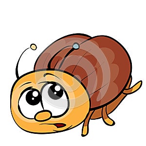 Cute brown beetle character with big eyes scared of something and running away, cartoon illustration, isolated object on white
