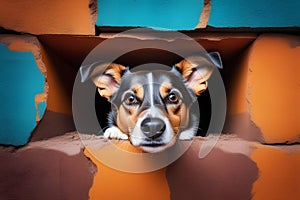 A cute brown and black dog peeks out from a hole in a brick wall with a concerned look on its face