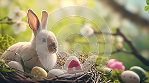 cute Brown Bunny With Easter Eggs and flowers