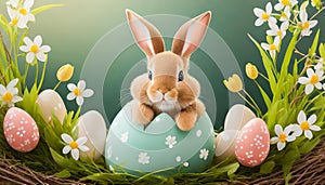 Cute brown bunny in an eggshell inbetween colorful Easter eggs on grass with flowers