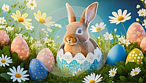 Cute brown bunny in an eggshell inbetween colorful Easter eggs on grass with flowers
