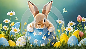 Cute brown bunny inbetween colorful Easter eggs on grass with flowers