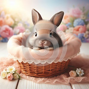 Cute brown bunny rabbit in a basket with flowers