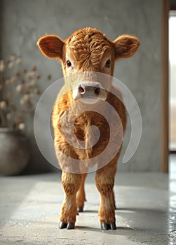 Cute brown calf standing on the floor at home