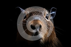 Cute brown capybara animal looking at camera isolated on black background