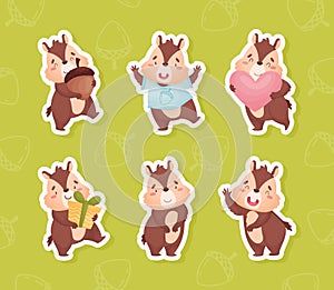 Cute Brown Chipmunk Character in Different Pose Vector Sticker Set