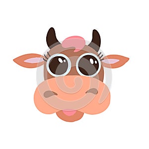 Cute brown cow smiling face with big eyes flat vector icon isolated on white background. Flat cartoon design funny farm animal