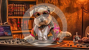 cute brown DJ dog in a studio, generative ai illustration