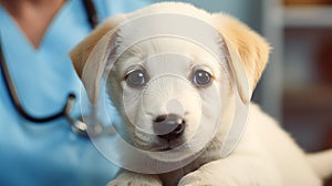 A cute brown dog is being held by a veterinarian in an animal hospital. A close-up realistic picture of a pet in healthcare center