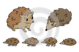 Cute brown doodle cartoon hedgehog family of six. Vector outline isolated hand drawn animals. Illustration of male, female, baby