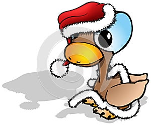 Cute Brown Duckling with Big Blue Eyes in Santa Claus Costume