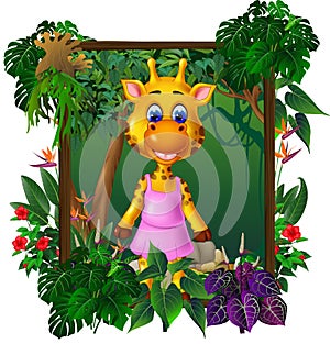 Cute Brown Giraffe Wearing Pink Dress With Tropical Plant and Flower In Square Wood Frame Cartoon