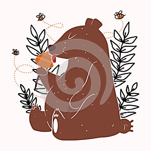 Cute brown grizzly bear on a beige background. Teddy sits and eats honey from the hive, bees are flying around. Organic Honey Prod