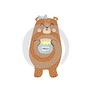 Cute brown grizzly bear with a honey jar