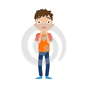 The cute brown-haired boy standing in blue pants with a scared face. Vector illustration in flat cartoon style.