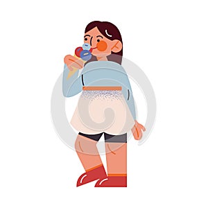 Cute brown-haired girl in a blue skirt standing with ice-cream. Vector illustration in the flat cartoon style