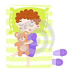 The cute brown-haired little boy lovely sleeping with a teddy bear in green bed top view. Vector illustration in flat