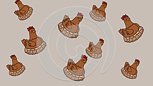 Cute brown hens moving randomly on a colorful green background - animation