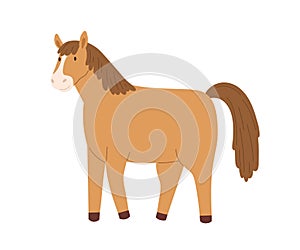 Cute brown horse isolated on white background. Smiling little pony. Funny childish character. Colored flat cartoon