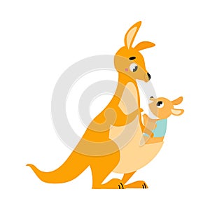 Cute Brown Kangaroo Marsupial Character with Joey Sitting in Its Pouch Vector Illustration photo