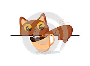 Cute brown kitten throwing coffee cup off table. Funny cat breaking things comic illustration, cartoon vector drawing.