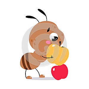 Cute Brown Little Ant with Apple Fruit Vector Illustration