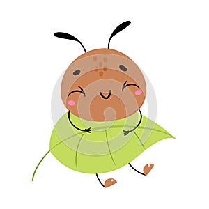 Cute Brown Little Ant Carry Green Leaf and Smiling Vector Illustration