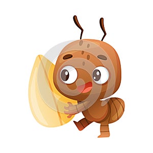 Cute brown little ant carrying nut. Funny insect cartoon character vector illustration