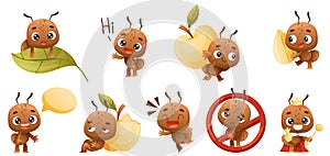 Cute brown little ant doing various activities set. Funny insect cartoon character vector illustration