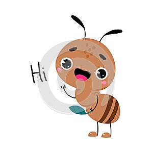 Cute Brown Little Ant Greeting Saying Hi Vector Illustration