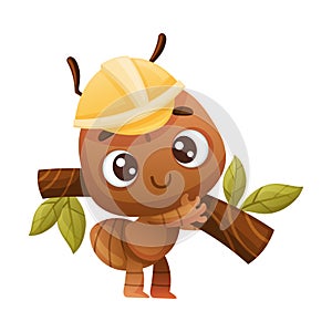 Cute brown little ant in hard hat carrying brunch of tree. Funny insect cartoon character vector illustration