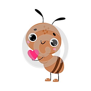 Cute Brown Little Ant Hold Pink Heart and Smiling Vector Illustration