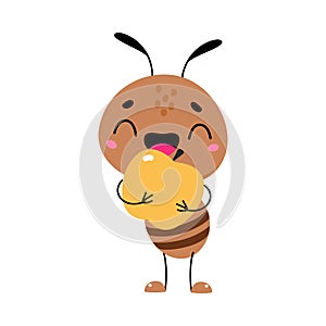 Cute Brown Little Ant Holding Apple Vector Illustration