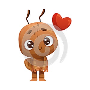 Cute brown little ant with red heart. Funny insect cartoon character vector illustration