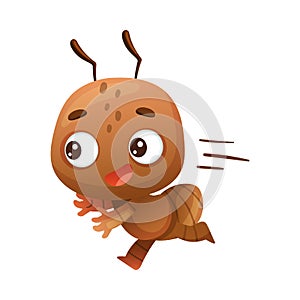 Cute brown little ant running fast. Funny insect cartoon character vector illustration
