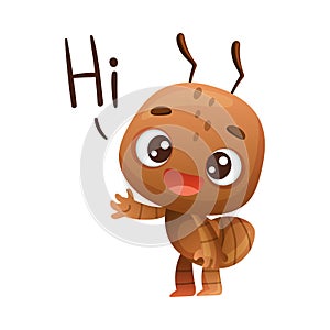 Cute brown little ant saying Hi. Funny insect cartoon character vector illustration