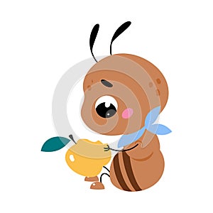 Cute Brown Little Ant Sitting and Eating Apple Vector Illustration