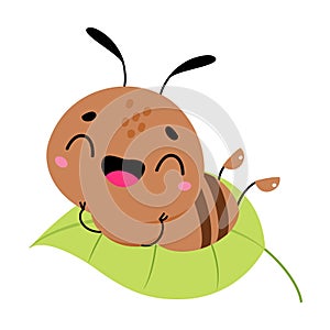 Cute Brown Little Ant Sitting on Green Leaf Vector Illustration