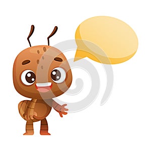 Cute brown little ant and speech bubble. Funny insect cartoon character vector illustration