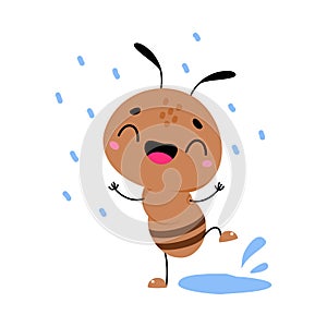 Cute Brown Little Ant Splashing in Puddle and Smiling Vector Illustration