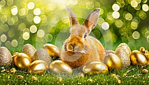 Cute brown orange bunny in the grass inbetween of golden Easter eggs - green bokeh background