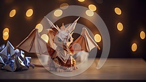 Cute Brown Origami Dragon on Table, Made of Paper, Christmas Lights with Bokeh on