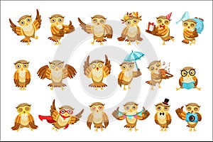 Cute Brown Owl Emoji Icon Set