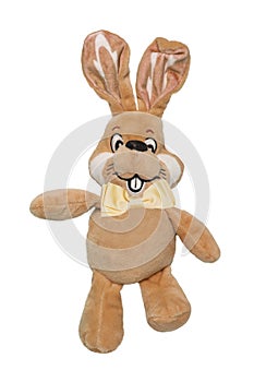 A cute brown plush bunny or rabbit with bow tie isolated on a white background. Easter greeting card decoration element with space