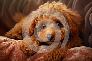 A cute brown poodle puppy is laying on a bed