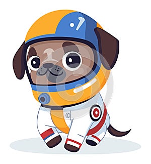 Cute brown pug in astronaut costume, dog wearing space suit and helmet, cartoon puppy exploring. Pet adventures, space