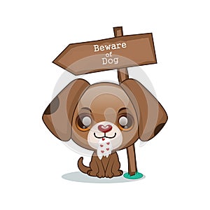 Cute brown puppy with beware of the dog sign