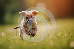 Cute brown puppy dog running freely in lush green grass on a sunny summer day