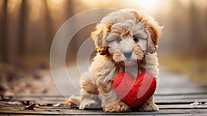 cute brown puppy holding red heart in paws outdoors