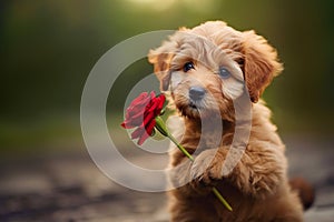 cute brown puppy holding red rose in paws outdoors with green background